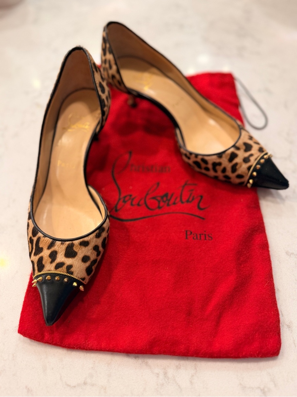 Christian Louboutin Leopard Print Pumps with Black Cap Toe and Gold Studs 37.5